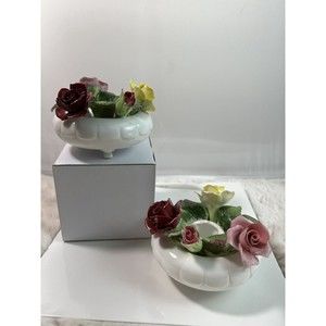 VTG 2 Golden‎ Crown E&R England Fine Bone China Hand Painted Rose Candle Holders